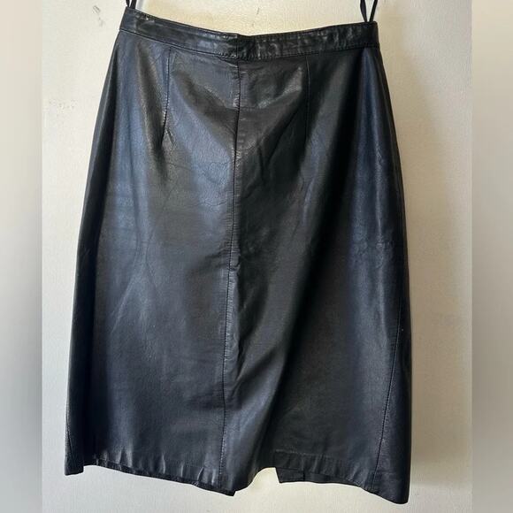 Vintage 80s Brass Plum Nordstrom Black Leather Pencil Skirt | Knee Length | M - Picture 2 of 11